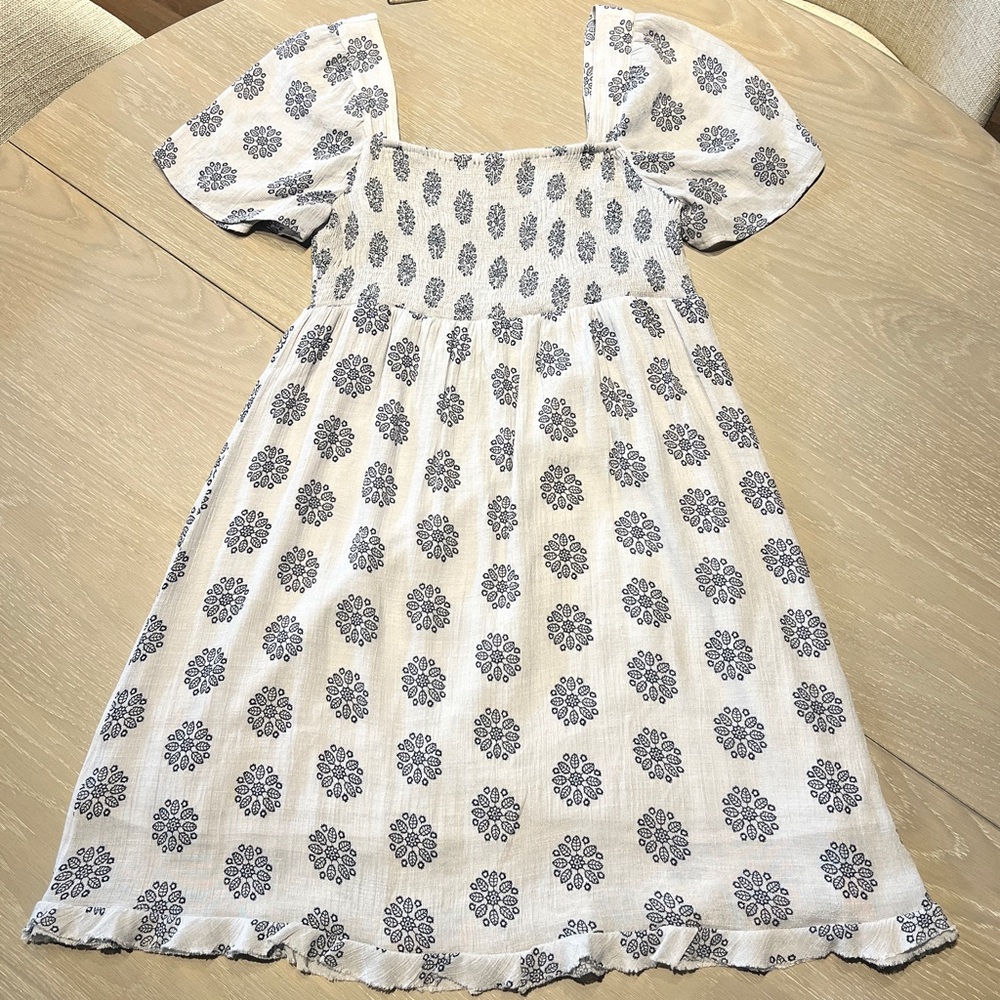 Umgee Midi Dress Women’s Small Gray Navy Blue Floral Puff Sleeve Smocked Boho